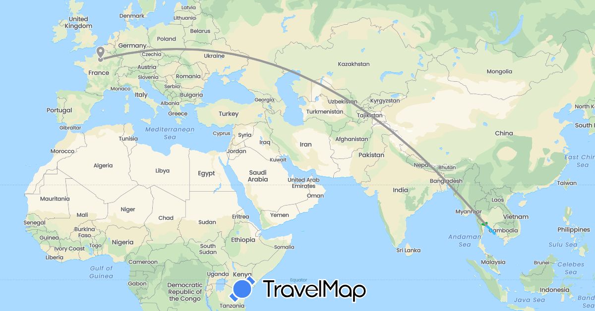 TravelMap itinerary: driving, bus, plane, train, boat in France, Thailand (Asia, Europe)